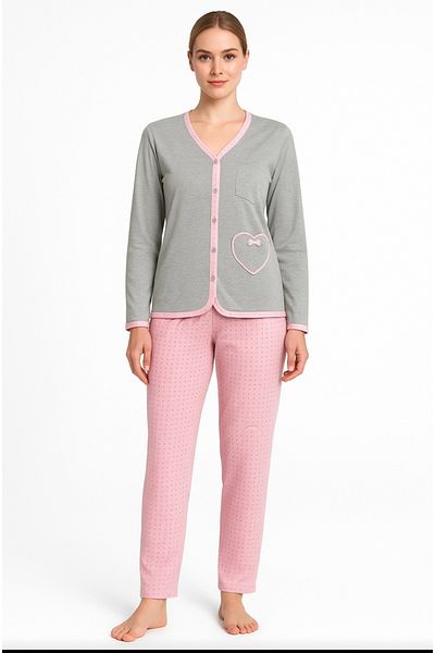 Fanilam Long Sleeve Ribbed 100% Cotton Front Buttoned Women's Pajama Set