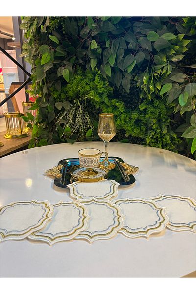 ARS HOME DEKOR Cocktail Napkin,Silver Gold Line Pattern Oval Shaped Coffee Tray Napkin Holder,6-Piece Presentation Napkin