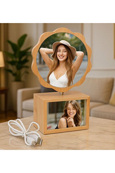 Bk Gift Kişiye Özel Fotoğraflı Dönen Ahşap Led'li Papatya Çerçeve, Anneye Hediye