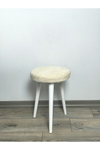 decosense Cozy Peluş Puf Dekoratif Ahşap 3 Beyaz Ayaklı Tabure Şık Konforlu Y...