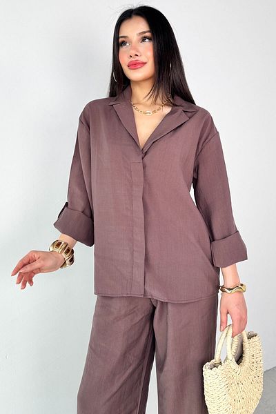 Cappmoda TKM-13271 Καφέ υφαντό πουκάμισο με διπλό γιακά φαρδύ παντελόνι Σετ δύο τεμαχίων