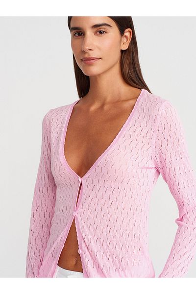 Dilvin 60969 V-Neck Openwork Button Slim Knitwear Cardigan-Pink