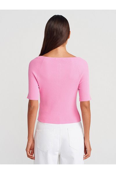 Dilvin 60970 Light Crew Neck Ribbed Buttoned Slim Knitwear Cardigan-Dark Pink