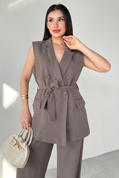 Cappmoda TKM-9413 Μινκ Πέτο Πέτο με διπλό κουμπί Γιλέκο φαρδύ παντελόνι Σετ δύο τεμαχίων