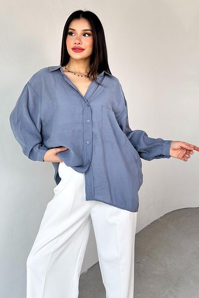 Cappmoda Gml-4612 Blue Off Shoulder Oversize Shirt