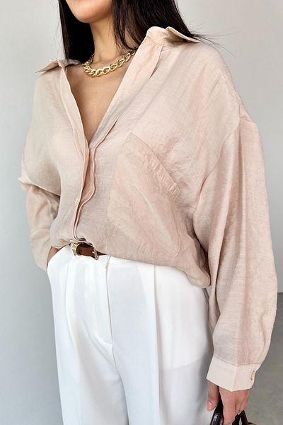 Cappmoda Gml-4612 Stone Color Off-Shoulder Oversize Shirt
