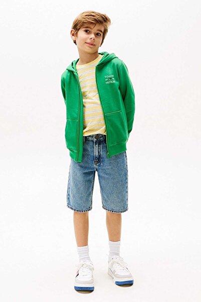 Tommy Hilfiger Erkek Çocuk Tommy Flag Fermuarlı Kapüşonlu Sweatshirt - Yeşil