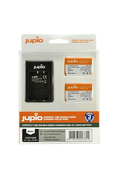 Jupio Jupio Kit, 2 NP-BX1 Batteries, and Compact Charger with Two Bases and USB Port, Black