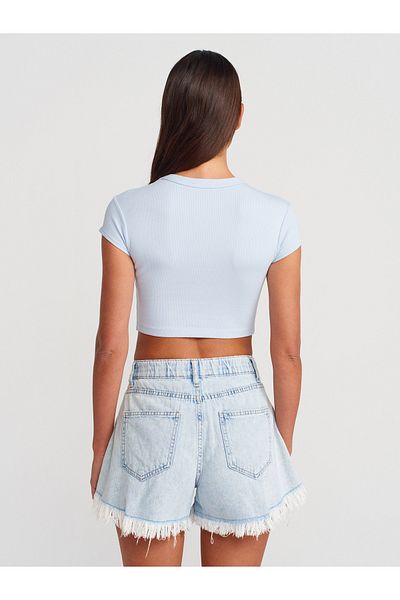 Dilvin 31810 Crew Neck Crop T-Shirt-Light Blue