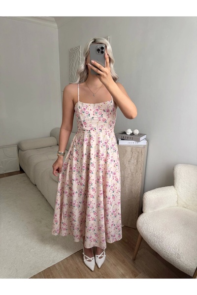 Zora Butik Smock Sırt Detaylı Çiçekli Elbise - AÇIK PUDRA