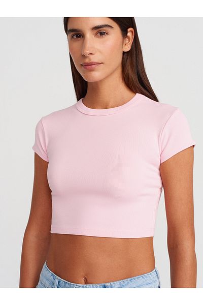 Dilvin 31810 Crew Neck Crop T-Shirt-Powder Pink