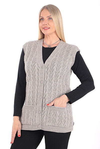 Nacar Kadın V Yaka Kalın Yün Kaz Ayağı Modelli Triko Düğmeli Cepli Anne Yelek