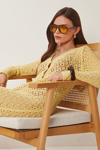 Lovelyİstanbul Boncuk Detaylı Ajurlu Yazlık Triko Elbise SARI LKİ0029