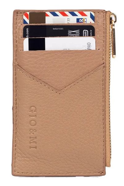 gio&mi Seth Genuine Leather Coin Zippered Women's Men's Wallet Card Holder Dark Camel