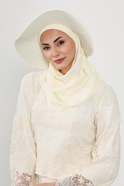 Aisha's Design Πρακτικό τουρμπάνι από κρεπ με αποσπώμενο καπέλο με φιόγκο στην πλάτη, SS-9, κρεμ