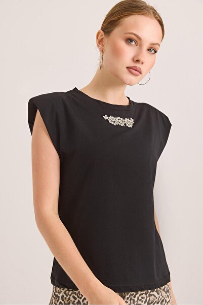 İKLİM LİFE Μπλουζάκι ώμου με βάτα πέτρες στο μπροστινό μέρος