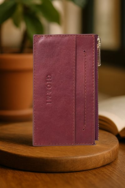 gio&mi Davin Genuine Leather Women's Burgundy Card Holder Wallet with Coin Compartment and Zipper