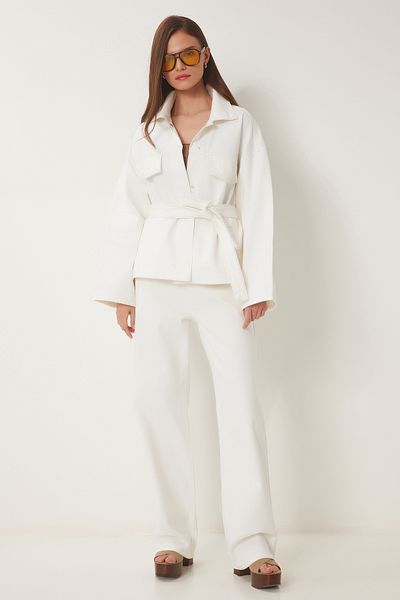 Lovelyİstanbul Belted Denim Jacket Pants Suit Bone Lri0007