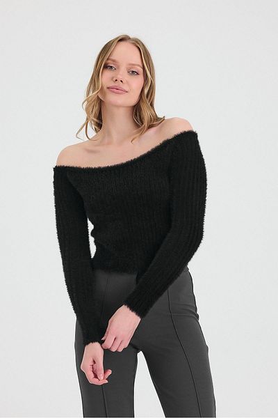 odelon Women's Bearded Off Shoulder Knitwear Sweater Black