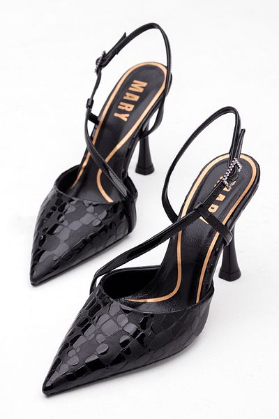 Tasarım Pantofi cu toc din piele naturală neagră pentru femei, cu model de șarpe, din piele lacuită, cu toc subțire, cu curele încrucișate, elegante