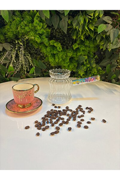 ARS HOME DEKOR Isıya Dayanıklı Cam Cezve, Kulpu Çiçek Dekorlu Çizgi Desenli T...