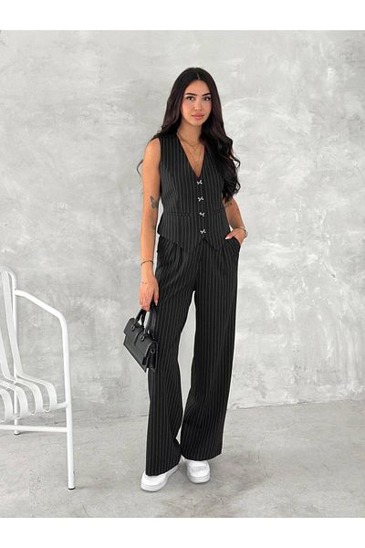 Stil Sepeti Women's Black Striped Bow Button Lined Vest Pants Suit Tl- 100080174