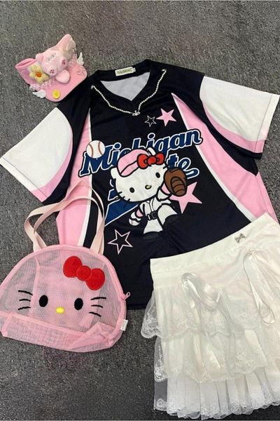 Köstebek Μπλουζάκι Unisex Ροζ Μαύρο Hello Kitty Michigan Sports Jersey