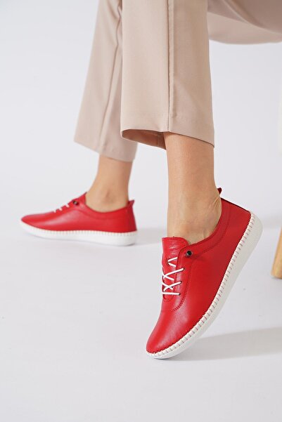 Moda Pie Negade Taban Dikmeli Hakiki Deri Kadın Ayakkabı Kırmızı Cilt