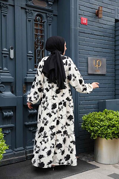 N.S NEVA STYLE Floral Patterned Ecru Viscose Hijab Dress 235804E