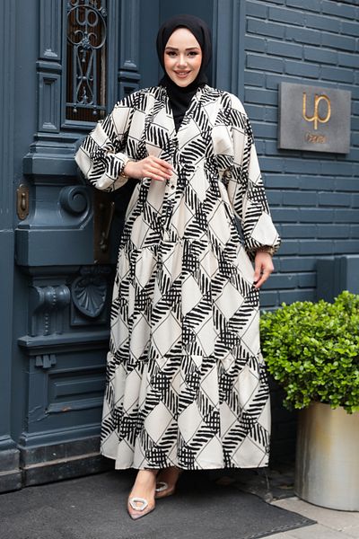 N.S NEVA STYLE Patterned Ecru Viscose Hijab Dress 235802 E