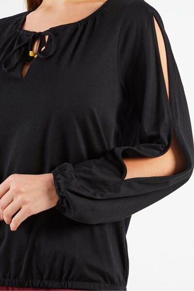 Michael Kors Women Tie Neck Long Sleeves Plain Blouse, Black