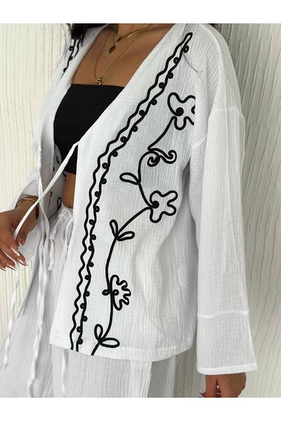 Stil Sepeti Women's White Premium Embroidered Lacing Detailed Muslin Shirt Ru- 10007009