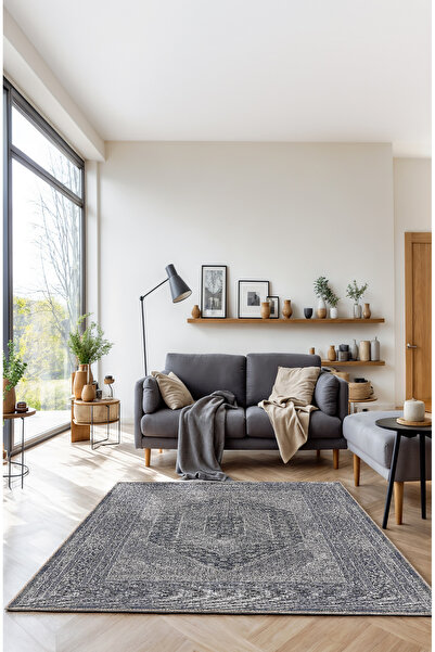 BigArts Home Antrasit Gri Vintage Desenli Kaymaz Taban Yıkanabilir Modern Sal...