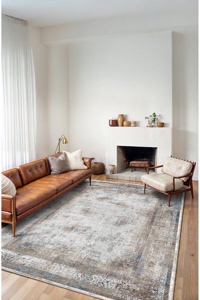 BigArts Home Vintage Soluk Mavi ve Bej Anadolu Halısı Dijital Şönil Halı