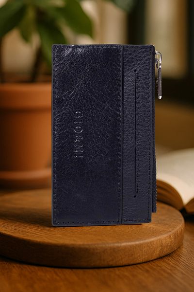 gio&mi Davin Genuine Leather Coin Compartment Zippered Men's Shiny Black Card Holder Wallet