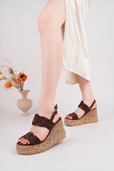 NOSEY SHOES Sandale de zi cu zi pentru femei Becca Model din piele naturală maro tricotată cu talpă cu pană