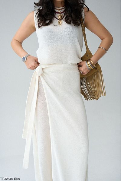 Lupies Women's Ecru Sleeveless Blouse-Tie-Up Pants Knitwear Set