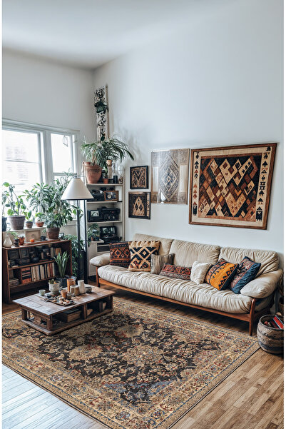 BigArts Home Vintage Halı Modern Motifli Bej ve Antrasit Klasik Desenli Dijit...