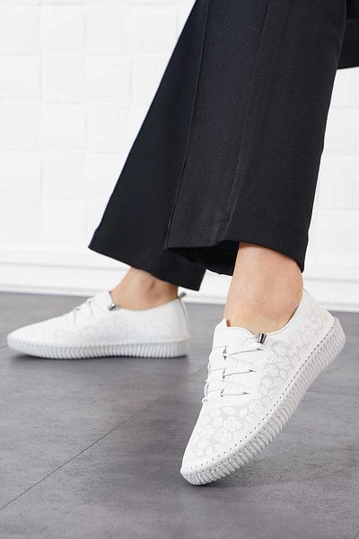 Moda Pie Neus Sole Stitched Laser Pantofi din piele naturală piele albă