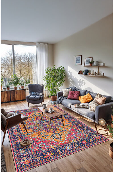 BigArts Home Vintage Halı Göbekli Çiçek Motifli Turuncu ve Pembe Klasik Dijit...