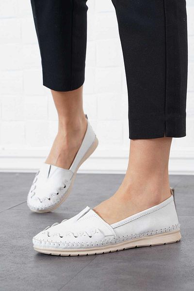 Moda Pie Pantofi de damă Laner Stitching din piele naturală, piele albă