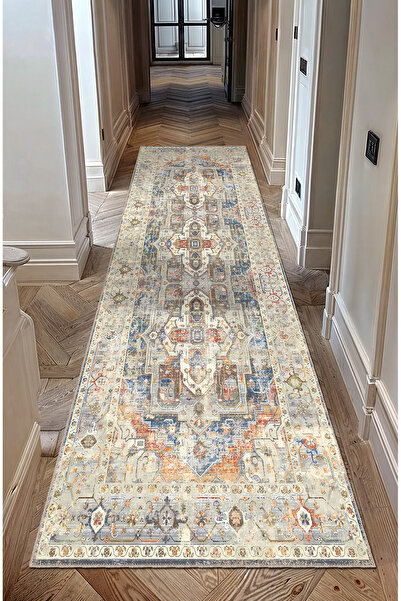 BigArts Home Etnik Motifli Şönil Halı Yolluk ve Yuvarlak Kaymaz Taban Salon M...