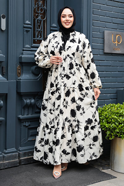 N.S NEVA STYLE Floral Patterned Ecru Viscose Hijab Dress 235804E