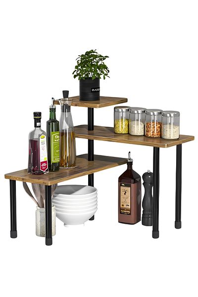 Herum Organizator bucatarie, cu 3 rafturi rotative, Maro/Negru, 66 x 17,5 x 38 cm