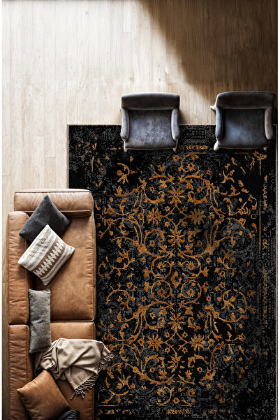 BigArts Home Vintage Gotik Halı Modern Motifli Siyah ve Gold Çiçek Desenli Di...