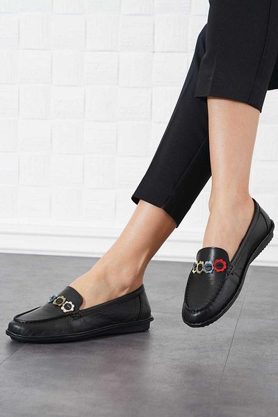 Moda Pie Balerini din piele naturală pentru femei Yedar Daisy Pattern, piele neagră