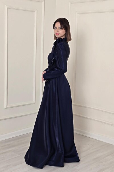 Yonca Moda Evi Lacivert Yaka Çiçekli Abiye Elbise 5150