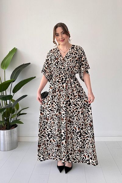 MaziButik Rochie din viscoză leopard cu două piepte crem
