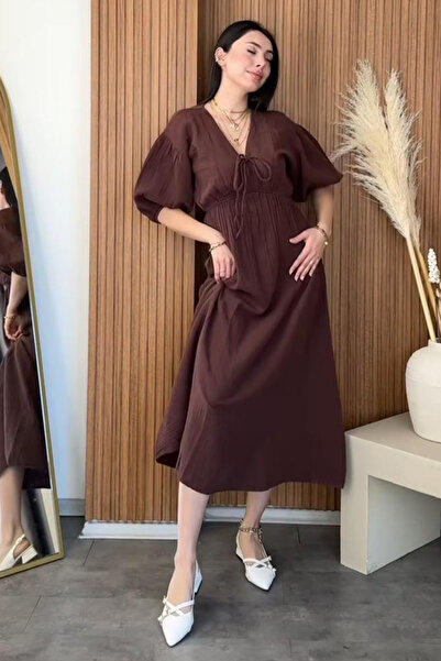 Cockatoo Kadın V Yaka Kahve Müslin Kumaş Kısa Kol Elbise