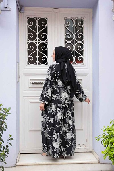 N.S NEVA STYLE Floral Patterned Black Viscose Hijab Dress 23589S